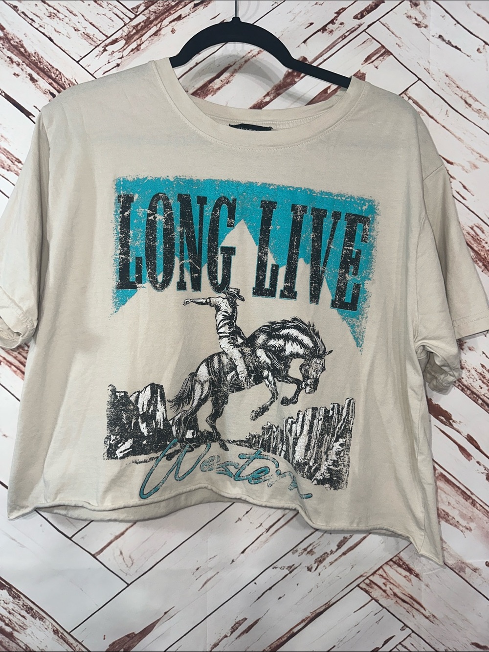 Zutter Long Live Western Graphic Crop Top - Cream with Teal Print